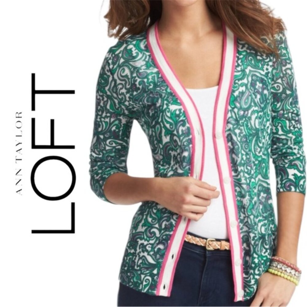 Ann Taylor Loft Deep V Neck 3/4 Sleeve Paisley Green White Pink Cardigan Size SP